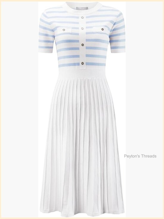 Dresses & Skirts - Striped Pleated A-Line Knit Sweater Dress Short Sleeve Midi Casual
